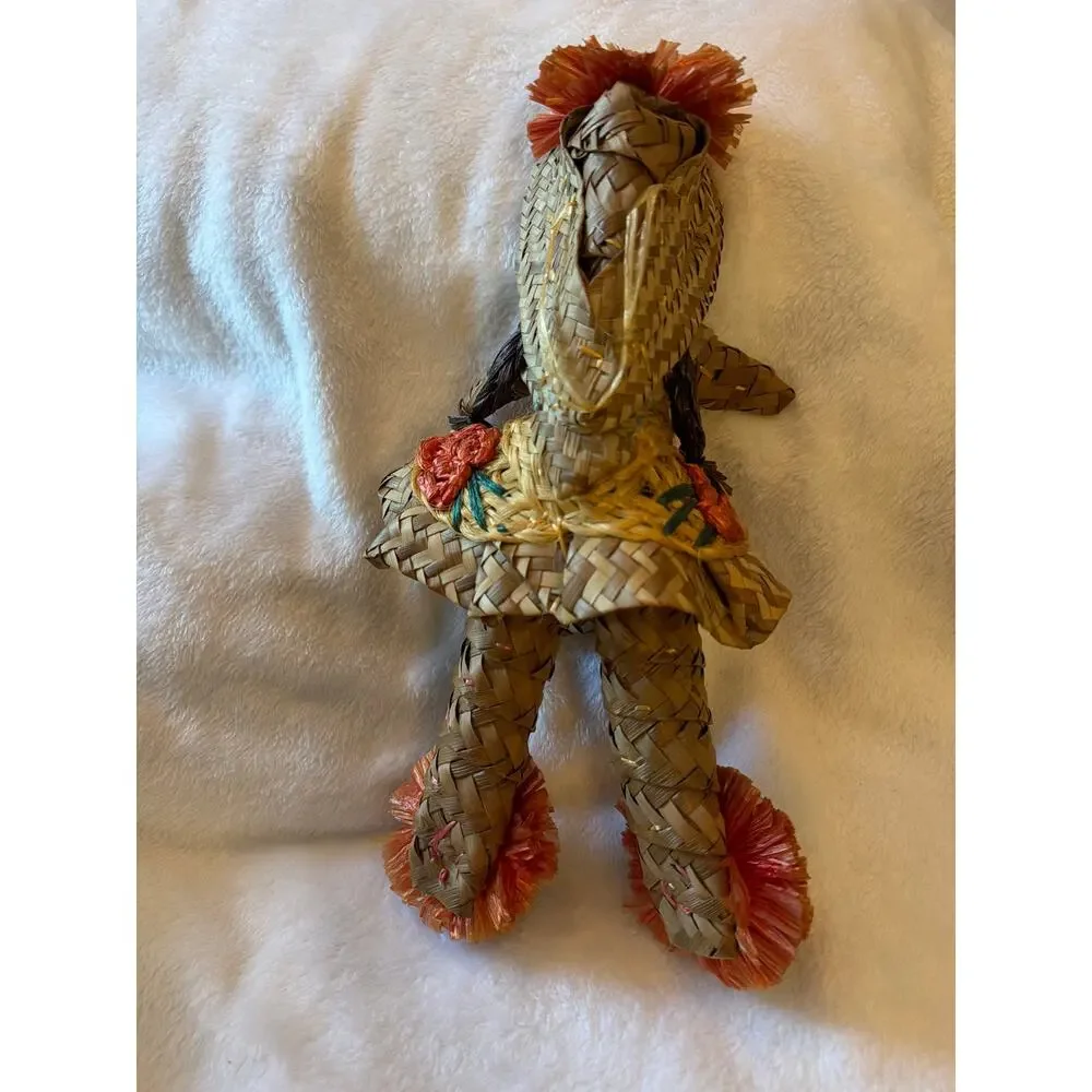 Vintage Handwove Straw Girl Doll Folk Art Raffia Woven Figure Floral Skirt Decor